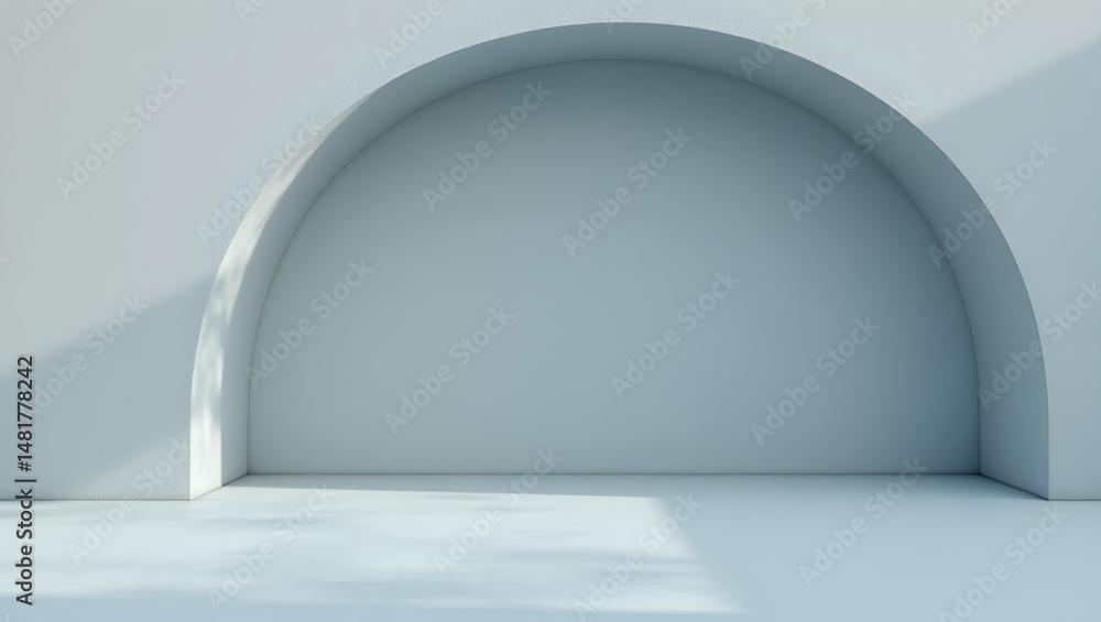 Poster minimalist architectural space with archway, a serene and modern design featuring a seamless gray wa