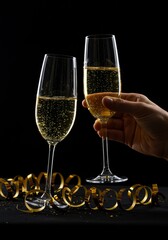 Photo of Two Champagne Glasses with Gold Serpentine on Black for New Year Celebration