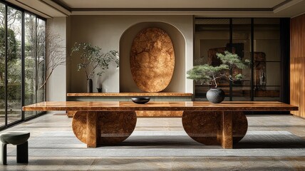 Elegant wooden dining table in a modern, minimalist interior, featuring natural elements and serene ambiance, perfect for contemporary home decor inspiration.
