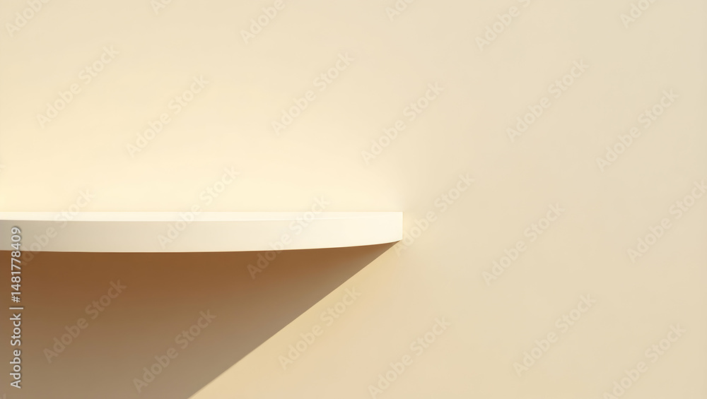 Poster minimalist composition featuring a sleek ivory concrete shelf extending from a softly illuminated wa