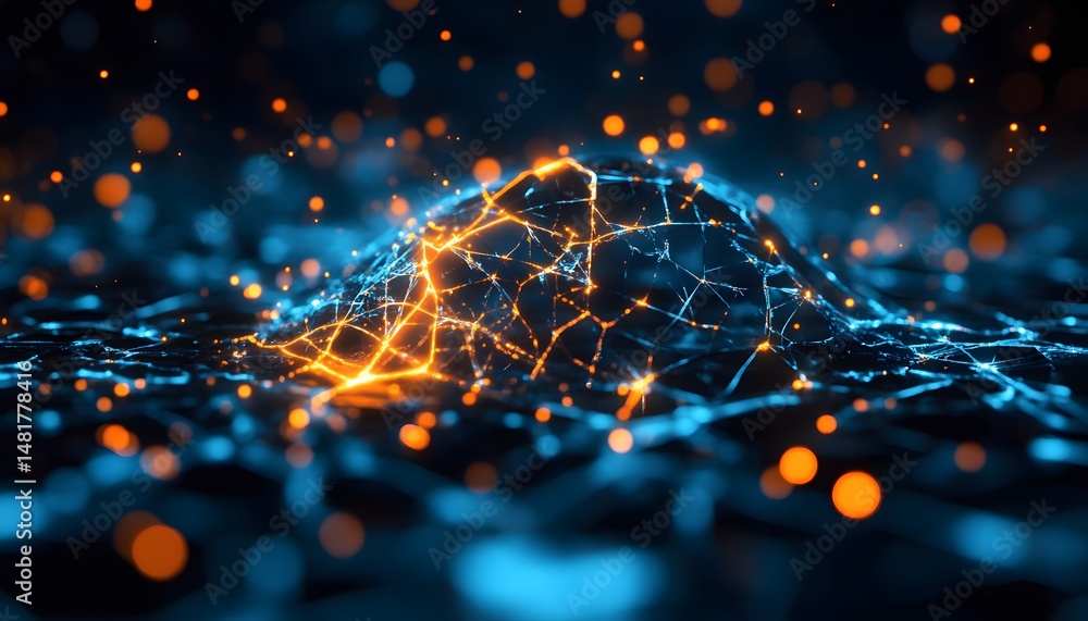 Poster abstract neural network background with glowing connections and data flow