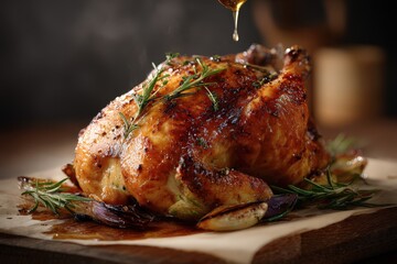 Golden roasted chicken garnished with herbs and vegetables.