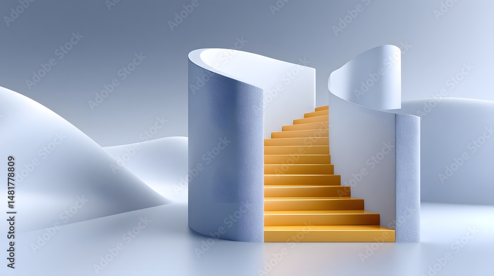 Poster a spiral staircase descending into an infinite abyss, each step shifting in shape and color, abstrac