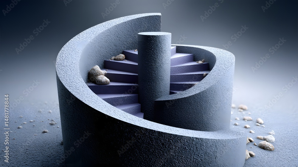 Poster a spiral staircase descending into an infinite abyss, each step shifting in shape and color, abstrac