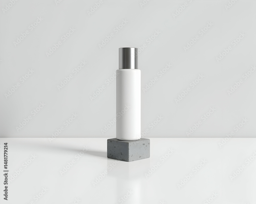 Poster Minimalist Presentation of a White Cylindrical Bottle with Silver Cap Displayed on a Concrete Cube Against a Neutral Backdrop for Product Mockups