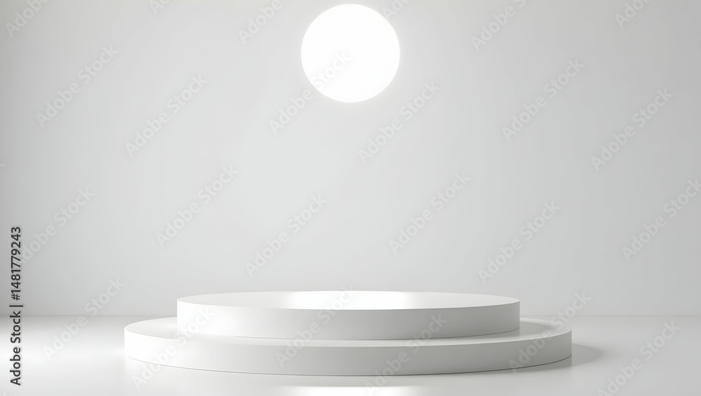 Poster minimalist presentation stage featuring sleek white cylinder pedestal for product display and advert