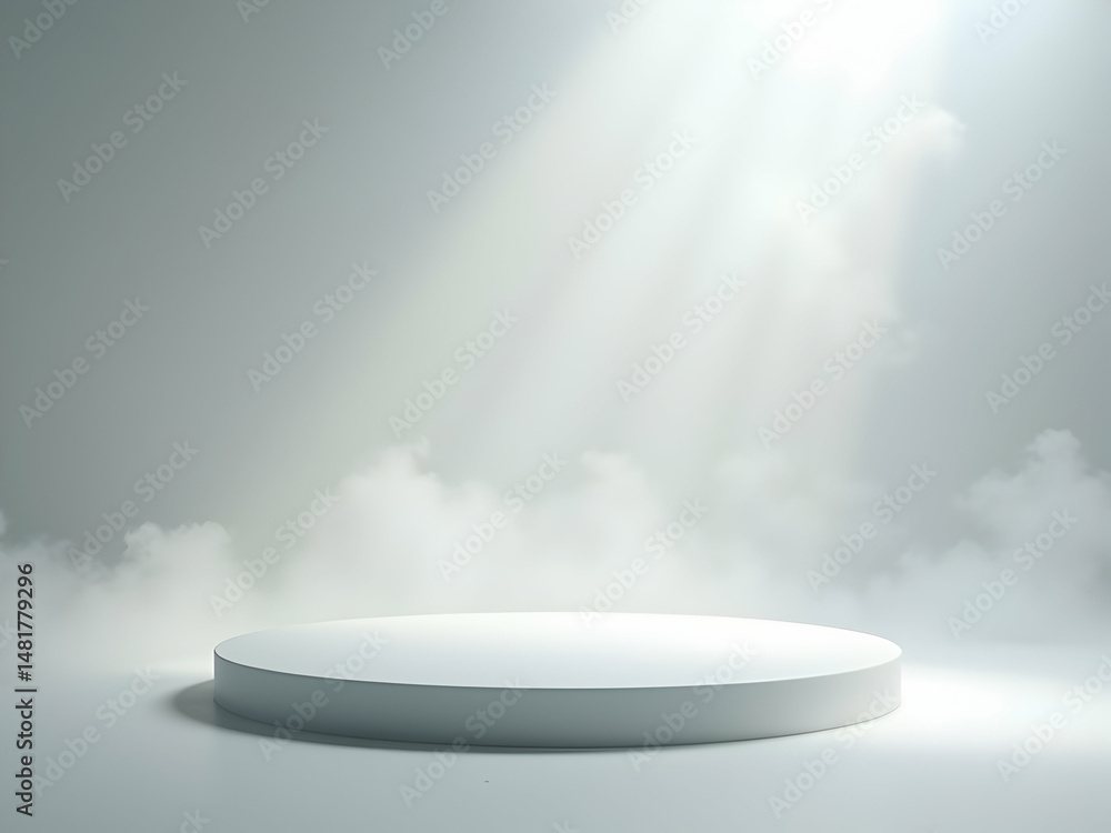 Poster minimalist presentation, soft frosted white circular platform for product display with ethereal clou