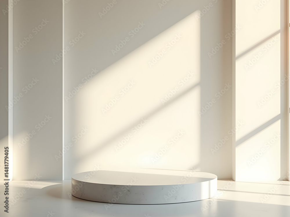 Aufkleber minimalist product display stage with natural sunlight streaming through window, creating a warm and
