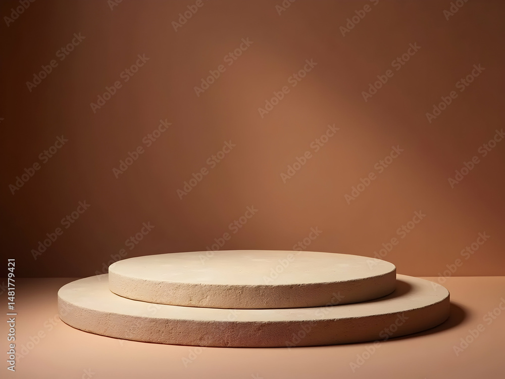 Poster minimalist product display platform, a simple rounded pedestal in a serene warm atmosphere for showc