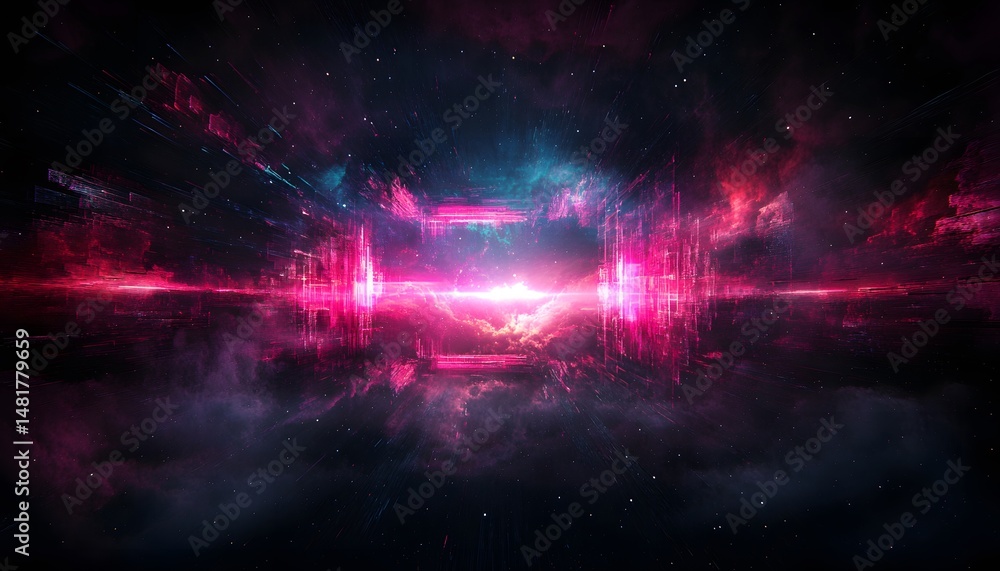 Aufkleber abstract data stream portal - galactic gateway, tech background with neon lights and starry sky