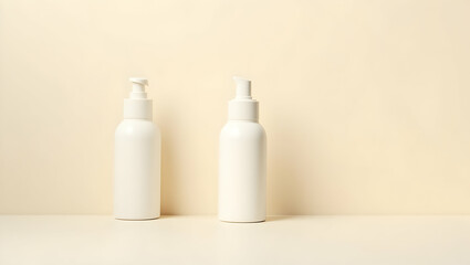 Minimalist Product Showcase, Two White Cosmetic Bottles Presenting Cleanliness and Purity in a Studio Setting for Beauty and Personal Care Branding