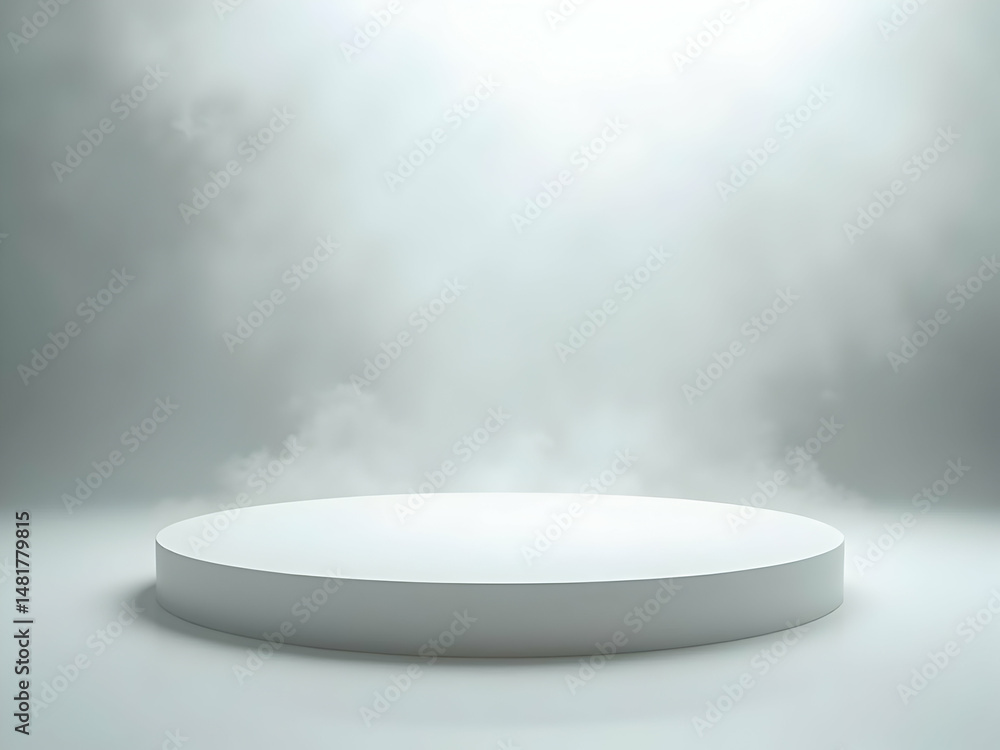Poster minimalist showcase with soft frosted white circular platform and ethereal fog, offering a serene an