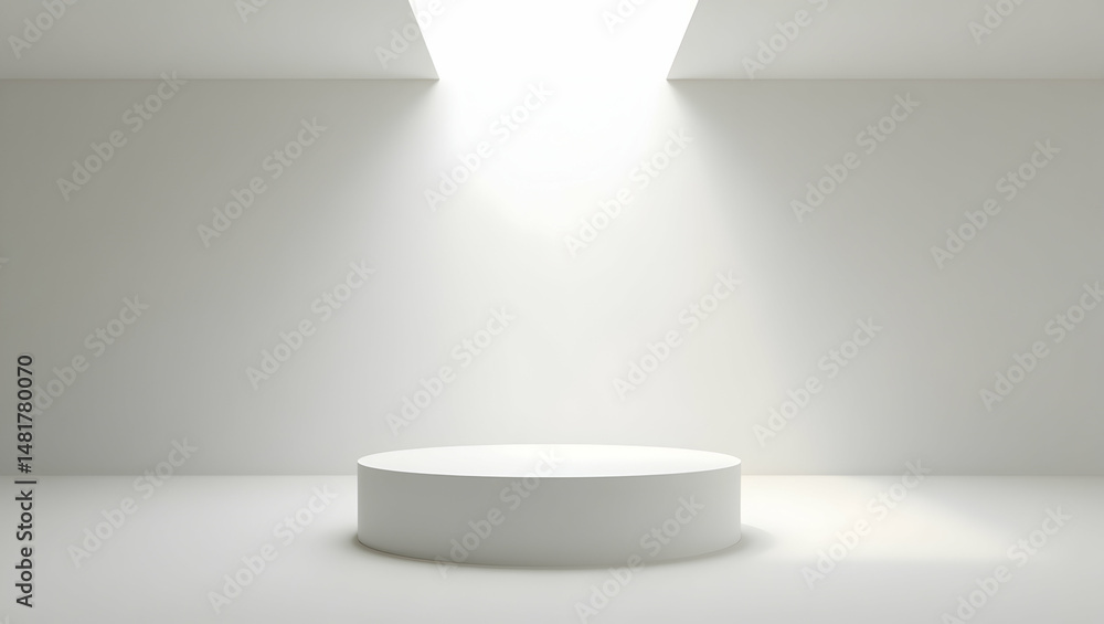 Poster minimalist white cube podium illuminated by a bright overhead light source creates a clean and moder