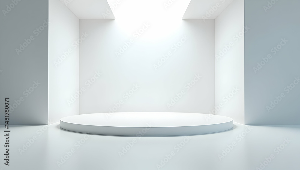 Poster minimalist white cube stage showcasing clean lines and smooth textures, creating an elegant and vers