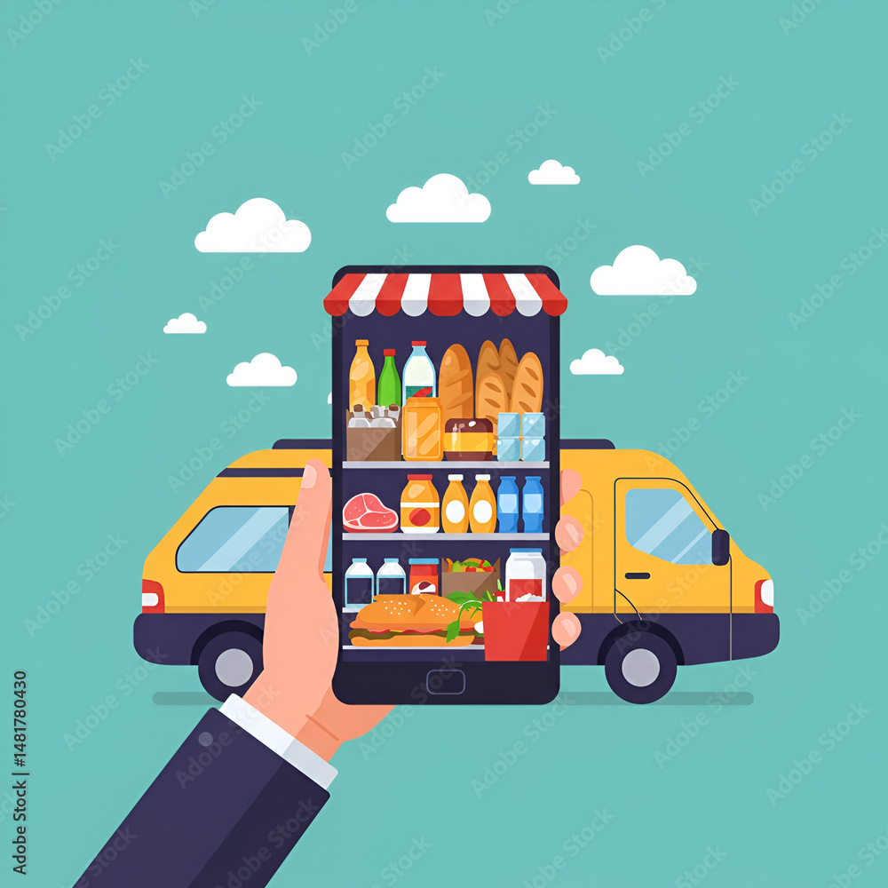Poster mobile grocery ordering app displayed on smartphone with a hand holding the device in front of a yel
