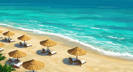 Relaxing Beach Scene with Umbrellas and Turquoise Water