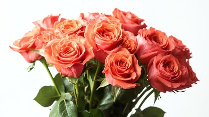 A vibrant, isolated bouquet of red roses sits prominently against a neutral background.
