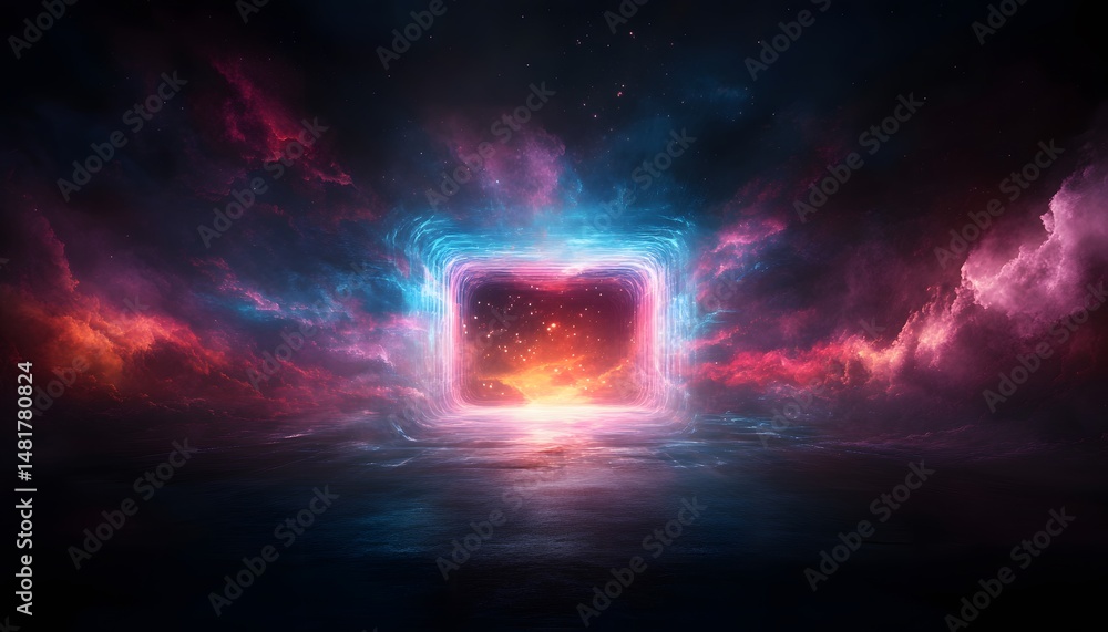 Poster surreal rectangular portal to another world, cosmic nebula gateway with glowing light, fantasy sci-f