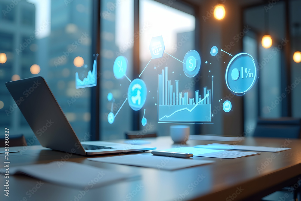 Poster modern office showcasing digital interface with financial analytics overlay, promoting innovation an