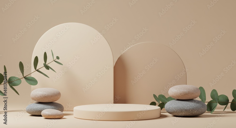 Poster 3d render minimal beige product display podium with eucalyptus and rocks