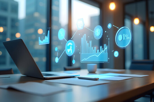 Modern office showcasing digital interface with financial analytics overlay, promoting innovation and data driven strategies in a contemporary workspace setting