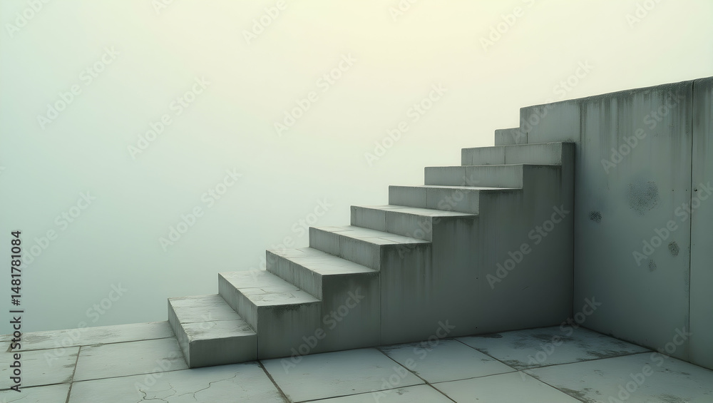 Poster monochromatic concrete staircase ascending into a softly lit void, minimalist architectural design w