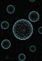 3D Render Microscopic Cells Teal Red on Black Background