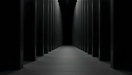 Monochromatic Hallway Perspective, A Dimly Lit Tunnel Stretching into Infinite Distance, Evoking Mystery and Architectural Precision with its Parallel Lines and Shadows