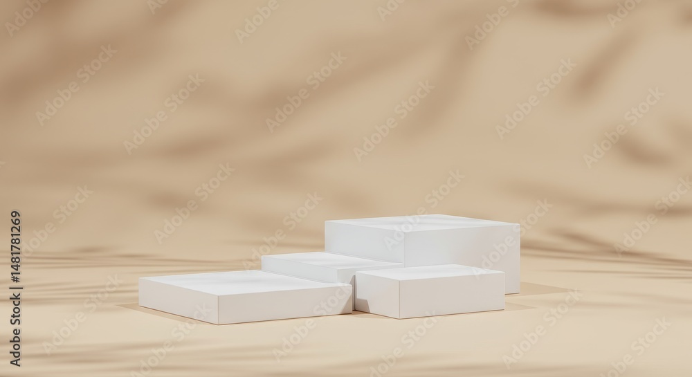 Poster 3d render minimal white podium on beige background with soft shadows