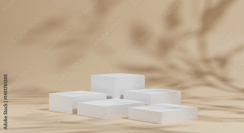 Poster 3d render minimal white blocks platform beige background soft light
