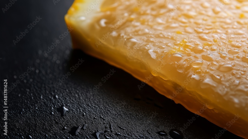 Poster thin slice of lemon displays tiny droplets of juice as a single bead clings to the edge, highlightin