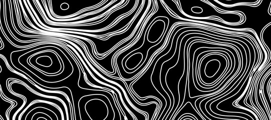 Topographic map like abstract backdrop. vector monochrome seamless pattern, curved lines, black & white layered texture. Abstract dynamical rippled surface.