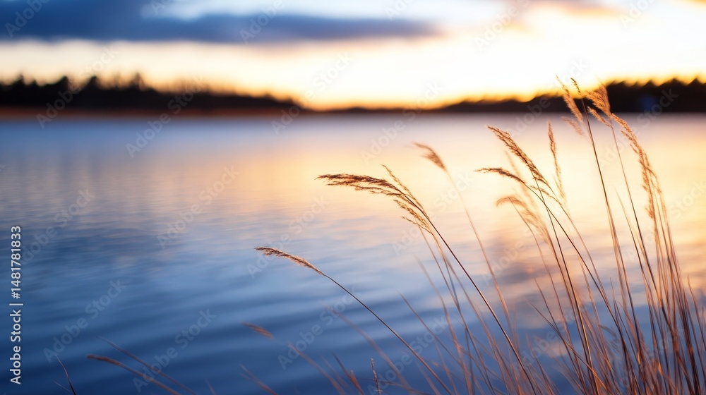 Poster tall grass dances gently at the water's edge as the calm lake mirrors the delicate colors of dawn, c