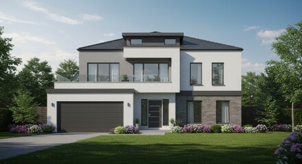 3D Render Modern Two Story White Suburban House Exterior