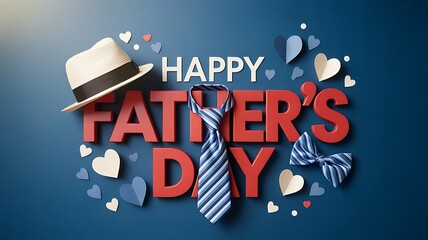 Festive father's day celebration with hats ties bowties and heart decorations on a blue background