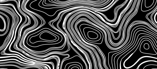 Topographic map like abstract backdrop. vector monochrome seamless pattern, curved lines, black & white layered texture. Abstract dynamical rippled surface.