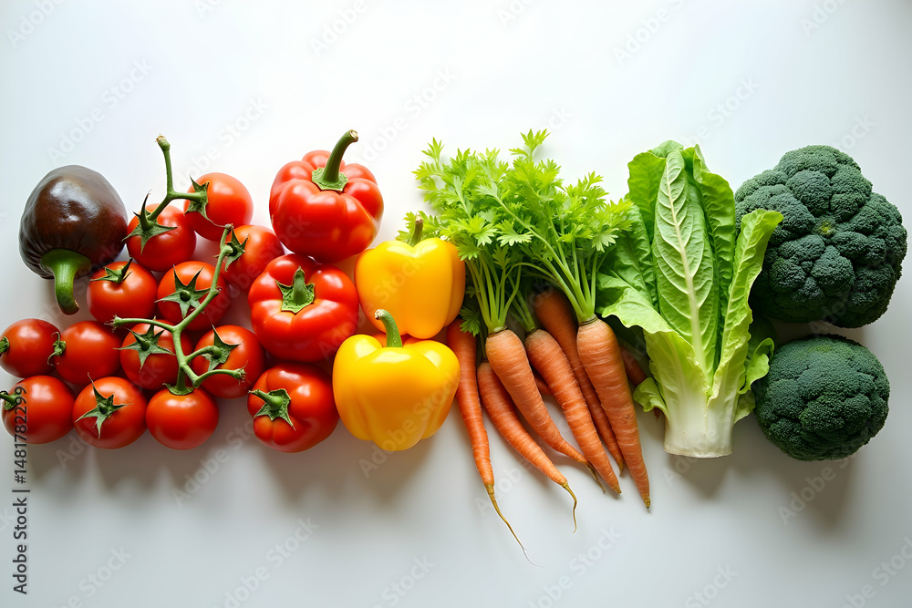 Poster overhead composition displaying a colorful array of fresh vegetables including tomatoes, peppers, ca