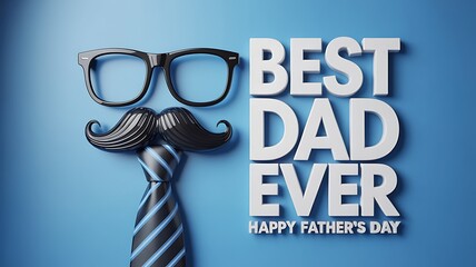 Best dad ever greeting with mustache glasses and tie on a blue background happy father's day