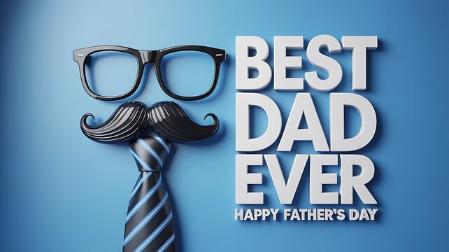Best dad ever greeting with mustache glasses and tie on a blue background happy father's day