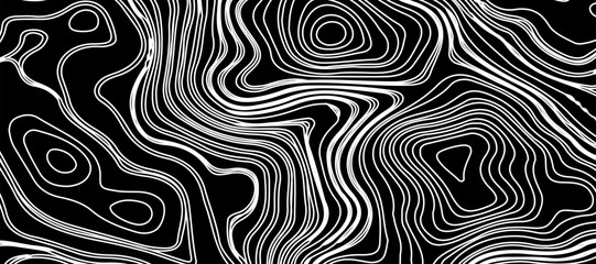 Topographic map like abstract backdrop. vector monochrome seamless pattern, curved lines, black & white layered texture. Abstract dynamical rippled surface.