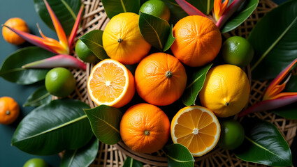 Overhead Still Life, A Vibrant Citrus Medley with Tropical Accents and Lush Greenery Displayed on Woven Surface, evoking a Fresh and Tropical Feel