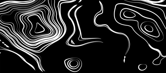 Topographic map like abstract backdrop. vector monochrome seamless pattern, curved lines, black & white layered texture. Abstract dynamical rippled surface.