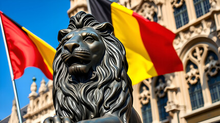 Fototapeta premium Bronze Lion Guarding Belgian Parliament – Vibrant Daylight Scene with National Flags and Lens Flare (Generative AI)