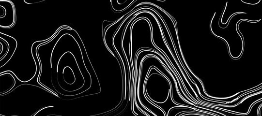 Topographic map like abstract backdrop. vector monochrome seamless pattern, curved lines, black & white layered texture. Abstract dynamical rippled surface.