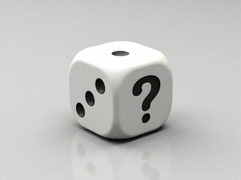 Photorealistic Depiction of a Solitary White Die with a Question Mark and Numbered Sides, Symbolizing Uncertainty and Challenges in Decision Making