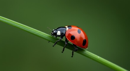 Naklejka premium Photo Ladybug Crawls on Green Grass Blade