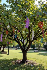Naklejka premium a peaceful morning after the festival, decorations still hanging from the branches, now providing quiet shade.