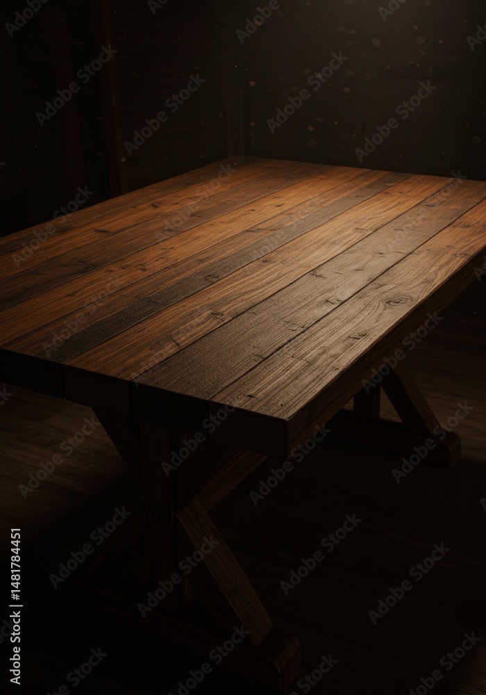 Poster 3d render of empty rustic wooden table in dark room