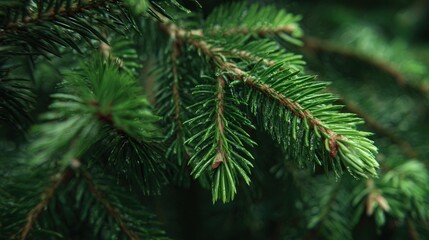 Close-up of lush green pine needles with dew.