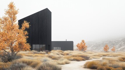 A modern black house with a triangular roof and large windows, nestled in a desert landscape with orange trees and a foggy mountain backdrop.